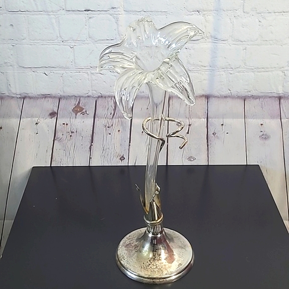 Vintage MCM Hand Blown Glass Art Nouveau Style Lily Orchid Vase Patina Silver - Picture 17 of 17